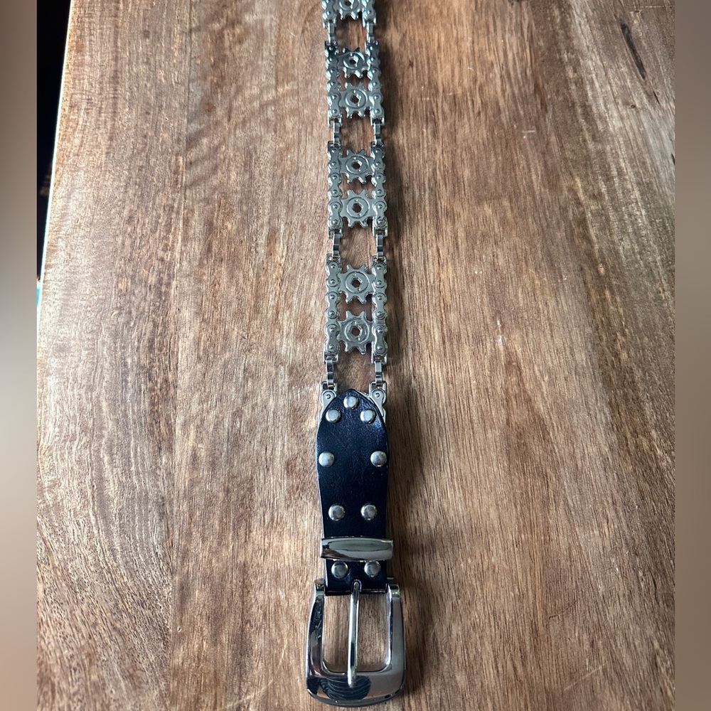 Y2K Silver Tone Chain Link Belt Black genuine Leather Belt 43”